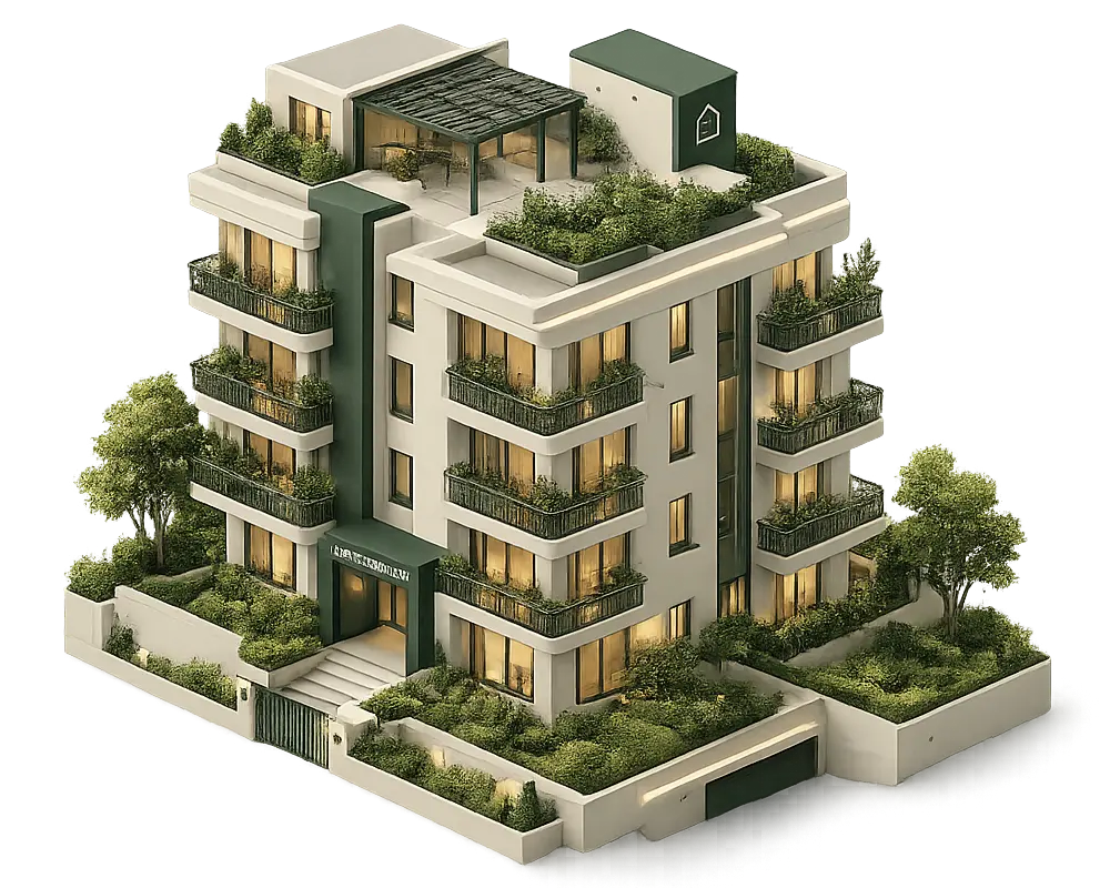 Edificio residencial con avisos de reservas, paquetes, reparaciones y comunicados alrededor